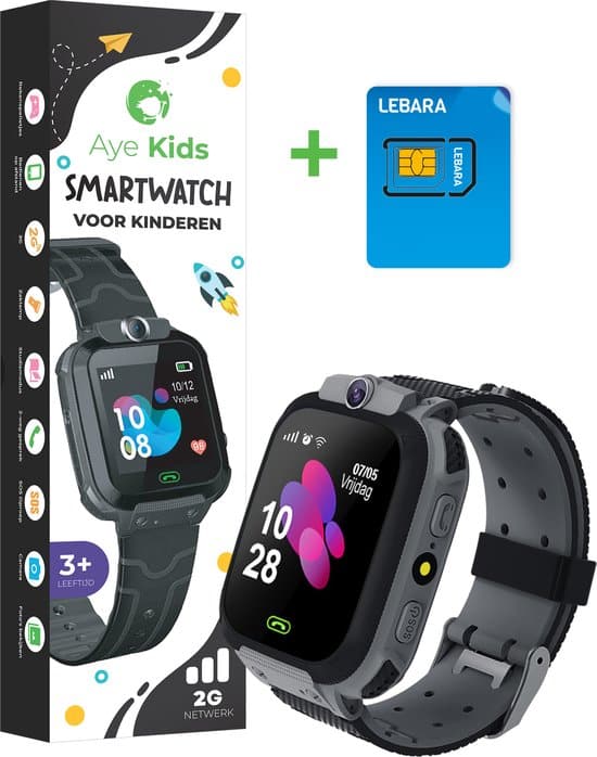 ayekids kinder smartwatch bel functie – sos knop – incl. simkaart zwart