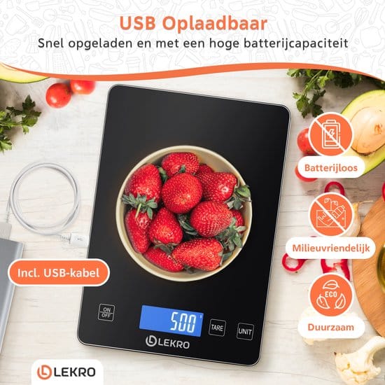 lekro digitale precisie keukenweegschaal – weegschaal keuken usb oplaadbaar 1gr tot 15kg – tarra functie zwart