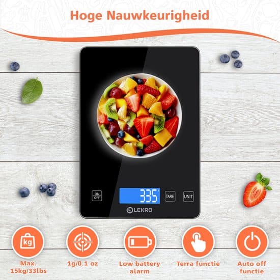 lekro digitale precisie keukenweegschaal – weegschaal keuken usb oplaadbaar 1gr tot 15kg – tarra functie zwart